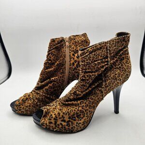 Sam & Libby Leopard Ruched Peep‑Toe Heels – Size 7.5 – Made in Brazil